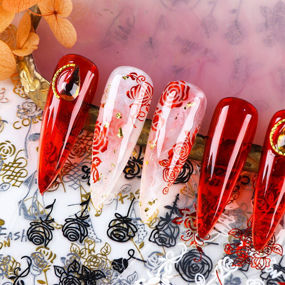 Pegatina romántica 3D en 3D para uñas, calcomanía con imágenes abstractas de rosas y corazones, deslizador de uñas Sexy para chica, decoración artística para uñas, LACB196-203-1, 1 Uds.