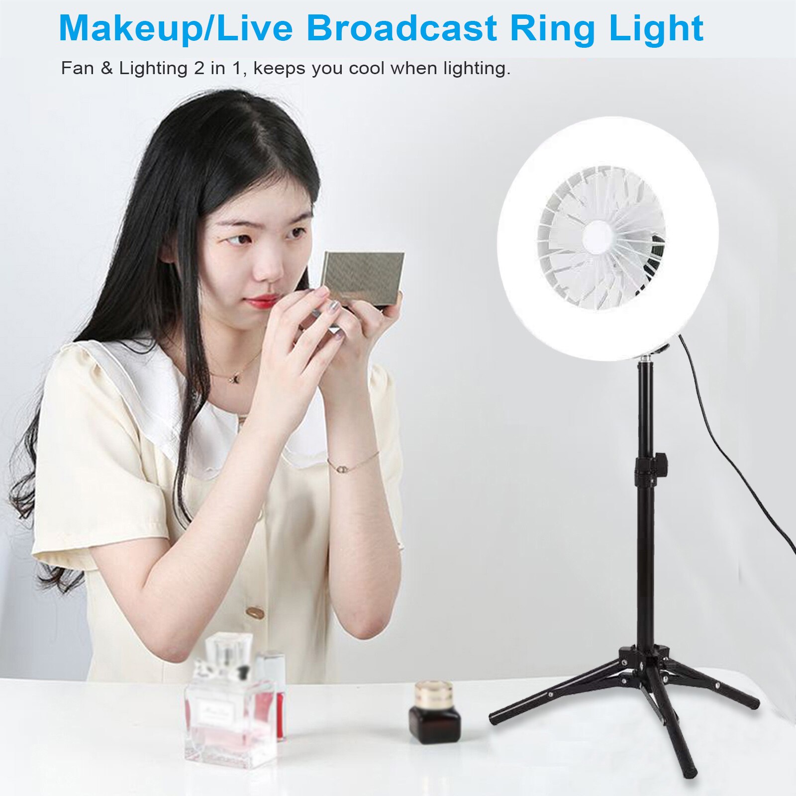 Mini Fan Light E26/E27 Desk LED Makeup Ring Light Selfie Ring Light For Live Broadcast Table Lamp Lighting White Light
