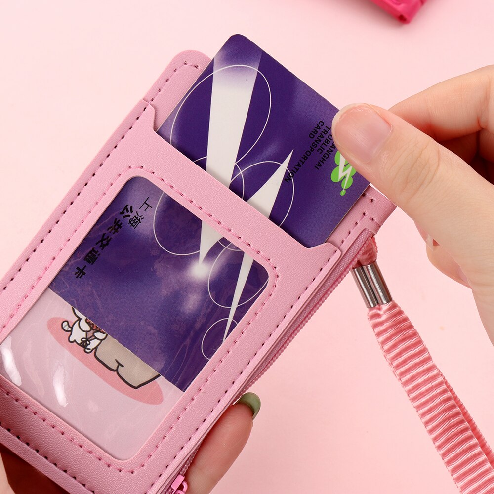 Faux Leather ID Badge Card Holder Zipper Card Cover Bag Coin Purse Business Card Case with Neck Lanyard