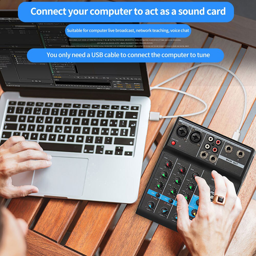 Computer Sound Card Bluetooth Sound Mixing Console for Karaoke Sound Effects Audio Mixer 4-way Home Live Recording