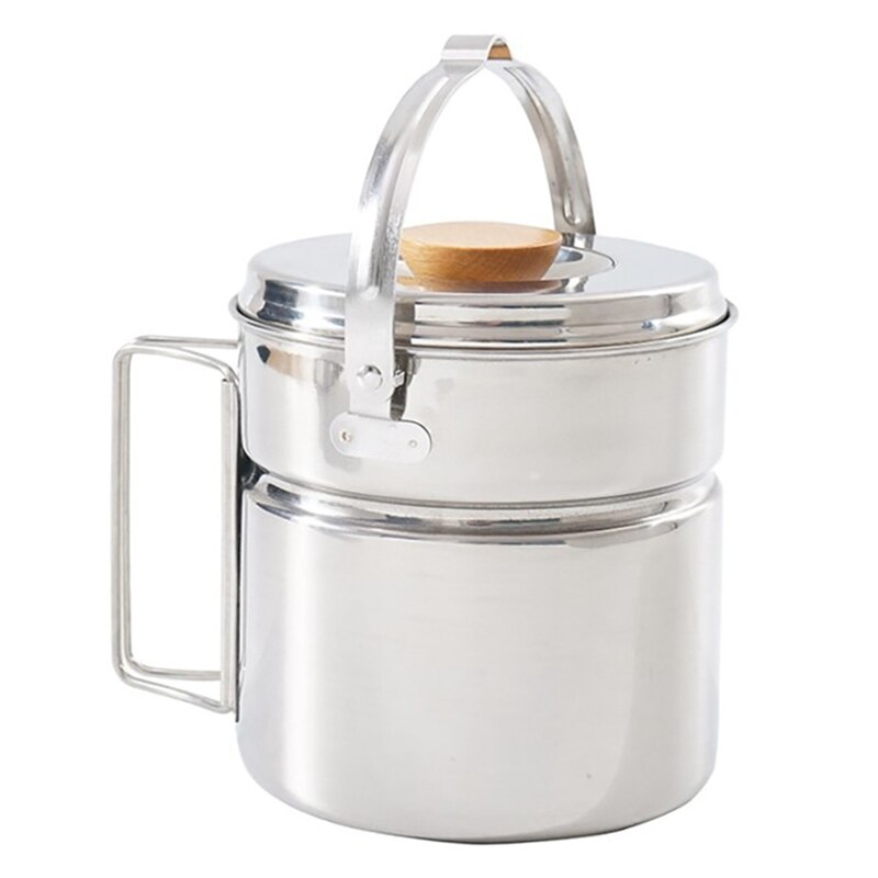 Outdoor Stainless Steel Portable Pot Camping Set Steamer Kettle Pot for Picnic Barbecue Mountaineering Foldable Handle