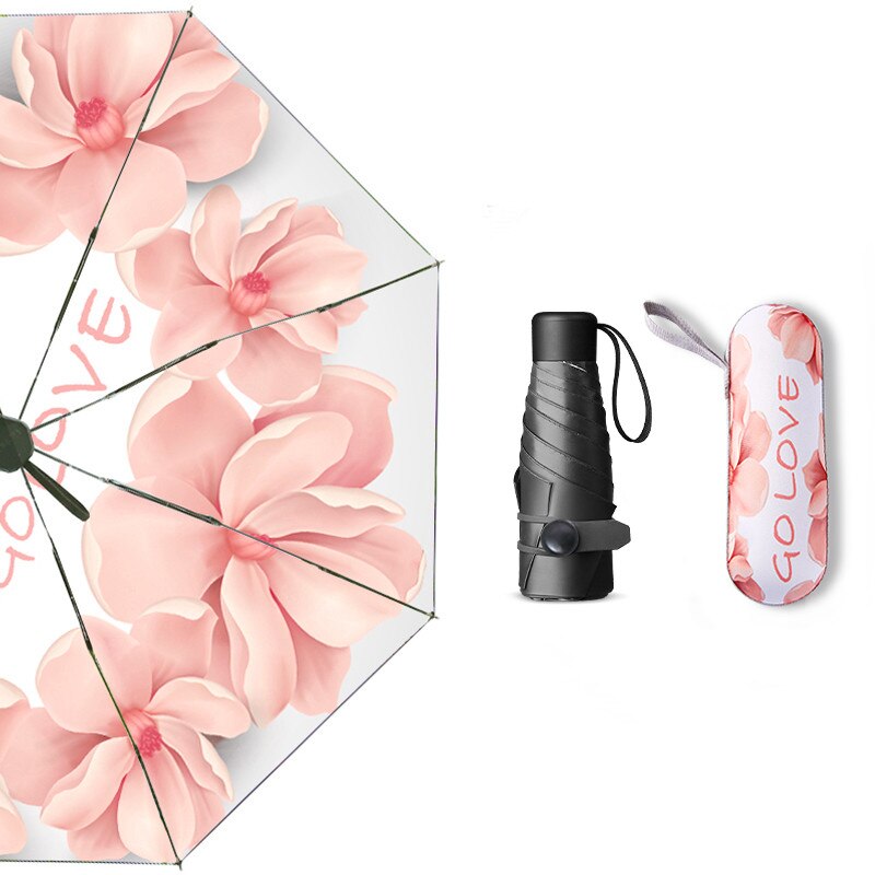 Mini Pocket Umbrella Automatic Folding Umbrella Rain Women Capsule Pink flowers Parasol Windproof UV Protection Female Umbrella: 5 fold with capsule