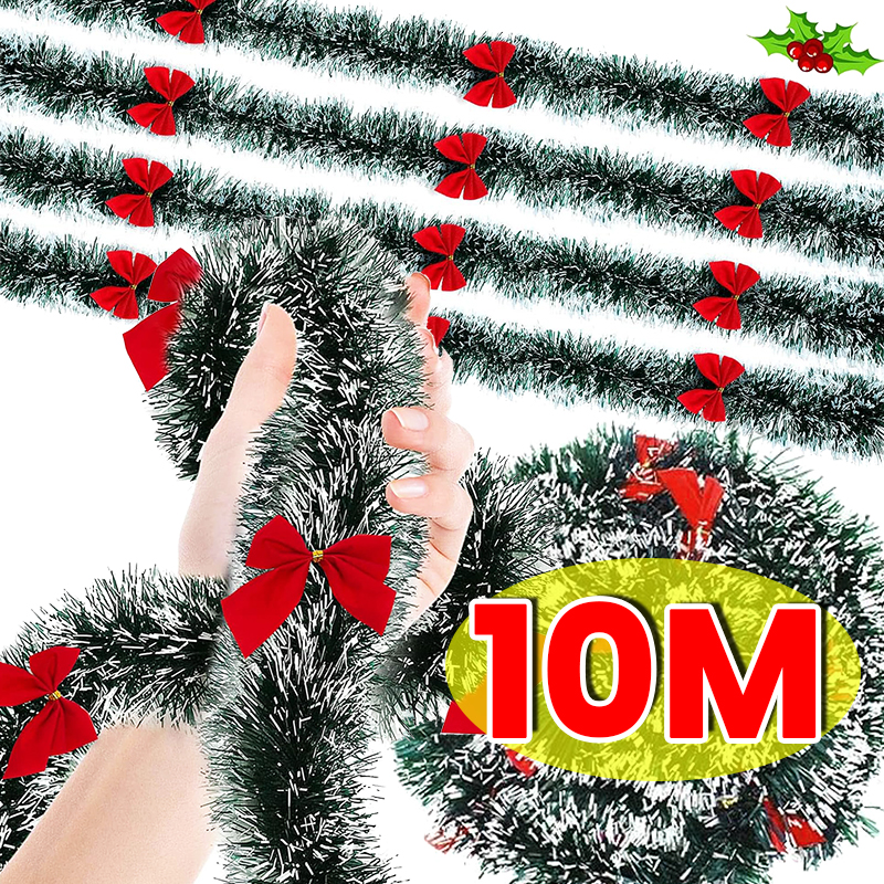 Guirnalda de cinta navideña de 2/10M con lazos, oropel verde, bastón, serpentinas de pino, bricolaje, árbol de Navidad, corona colgante, decoraciones para fiestas