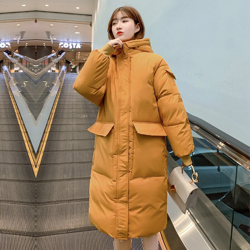 Solid Lange Dikke Winterjas Vrouwen Warm Losse Hooded Omlaag Parka Volledige Mouw Met Grote Pocket Dames Oversize Jassen: YELLOW / XXL