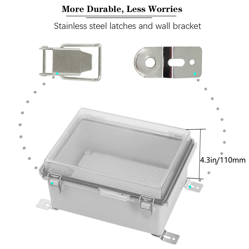 Waterproof IP67 Electrical Junction Box Hinged Clear Cover Stainless Steel Latch Enclosure Mounting Plate Bracket 220x170x110mm