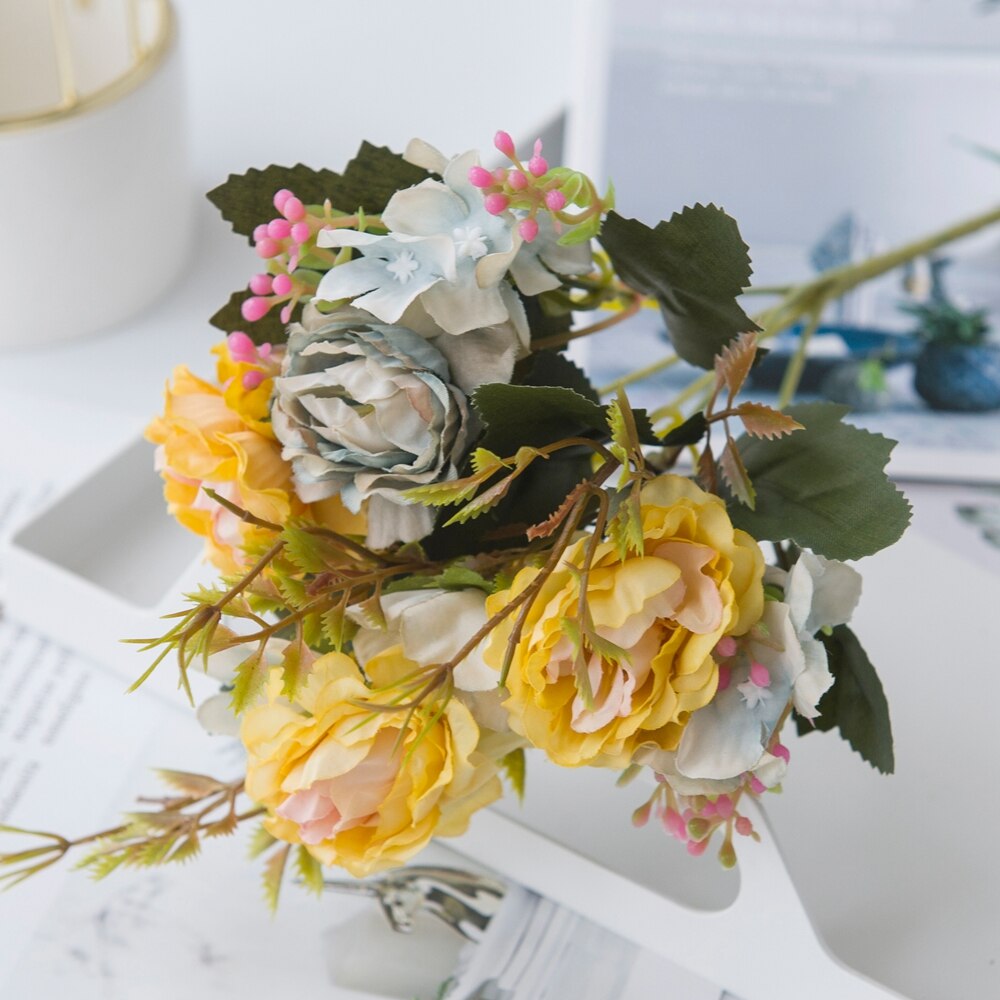Künstliche Blumen Weihnachten Dekorationen Vasen für Heimat Hochzeit Dekorative Blumen die Seide Pfingstrose DIY Ornamentalen blumentopf: Gelb