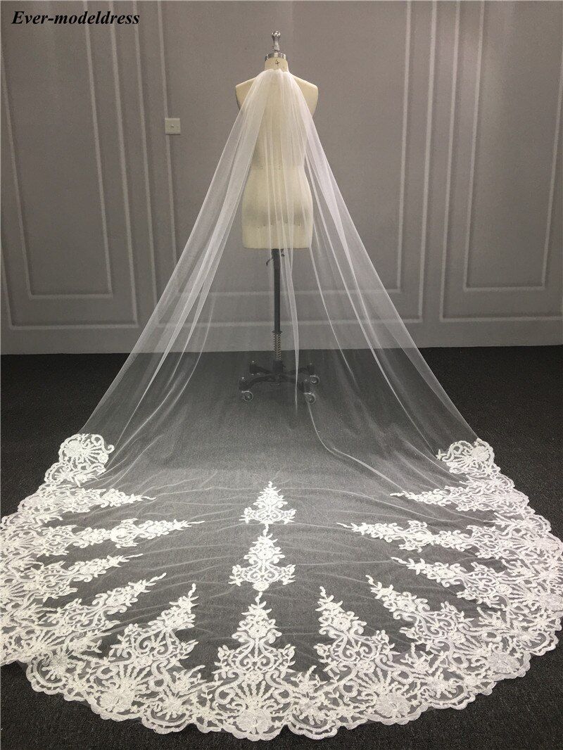 Voiles de mariée avec peigne, Appliques en dentelle, une couche, Long pour mariée, en Tulle, doux, accessoires de mariage, bon marché,