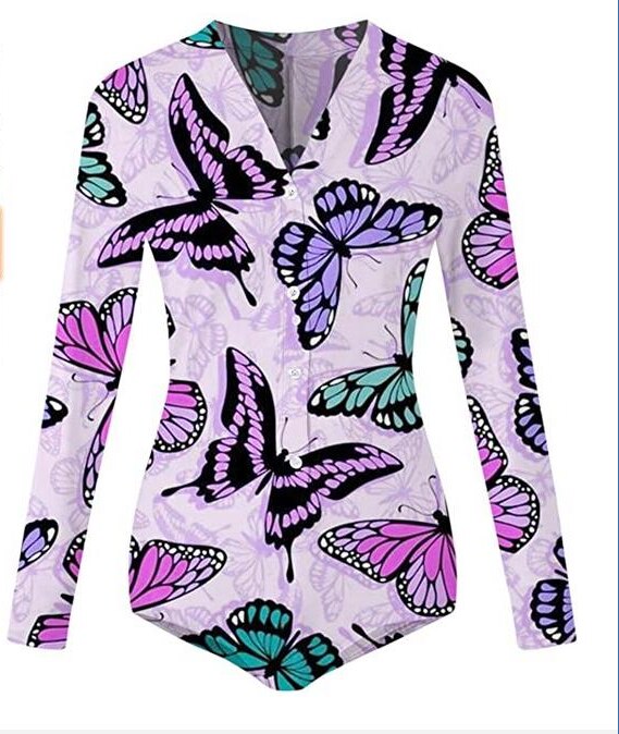 Women V-neck Long Sleeve Jumpsuit Casual Tight Strawberry Print Elastic Slim Jumpsuit Spring Autumn: Purple butterfly / S