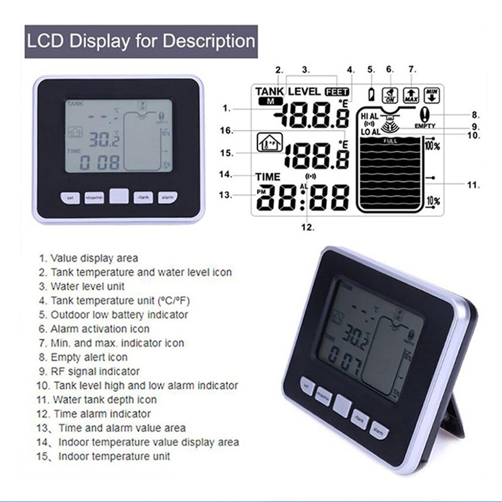 Tank Level Indicator Measuring Tools Digital Display Indoor Electronic Battery Powered Accurate Ultrasonic Time Alarm Home Water