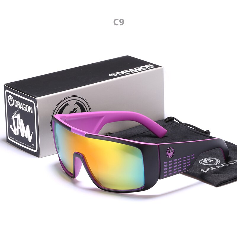 Windproof Mirrored lens Men Dragon DOMO Driving Fishing Sun glasses Square Glasses For Men UV400 Summer Shades Eyewear: C9 / With case
