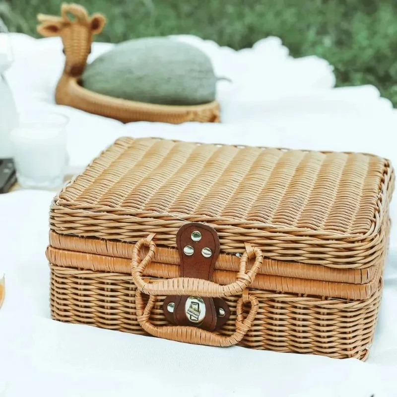 retro Rattan Koffer handgemachte Weide Picknick Lagerung Korb Reise Camping Lebensmittel Snack Gepäck Container Stroh gewebt Koffer