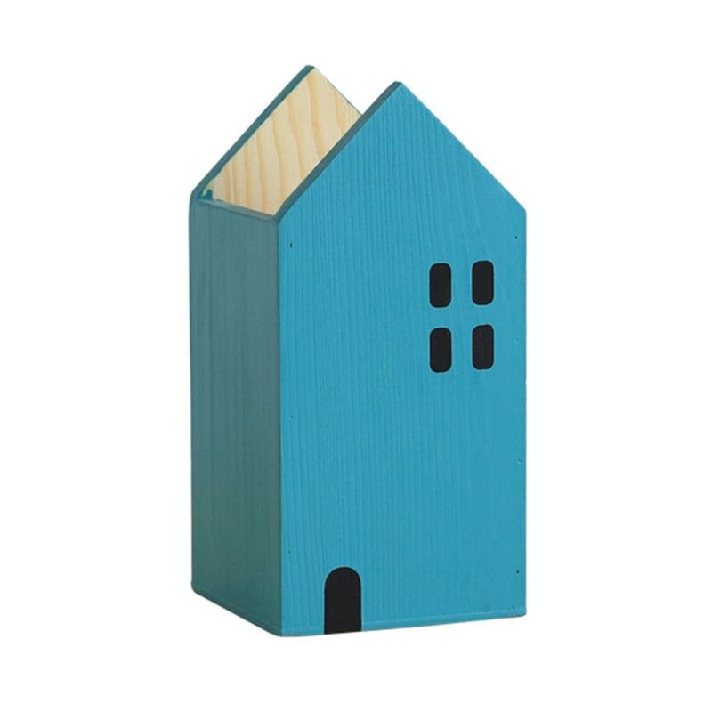 1 Pc maison forme en bois crayon porte-stylo organiseur de bureau conteneur brosse Pot papeterie école bureau fournitures: Blue L