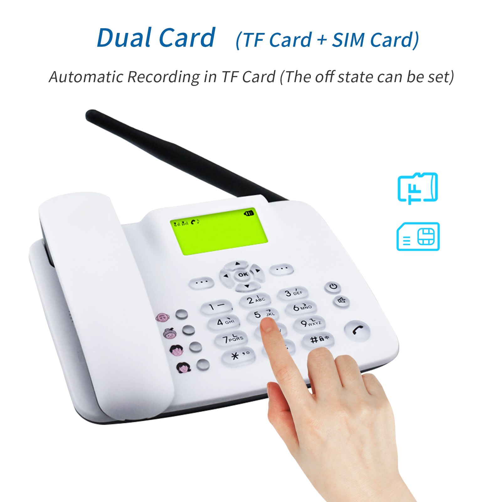 Teléfono inalámbrico fijo de escritorio, Tarjeta SIM TF, 3G, con antena, Radio, despertador, SMS, función de grabación automática