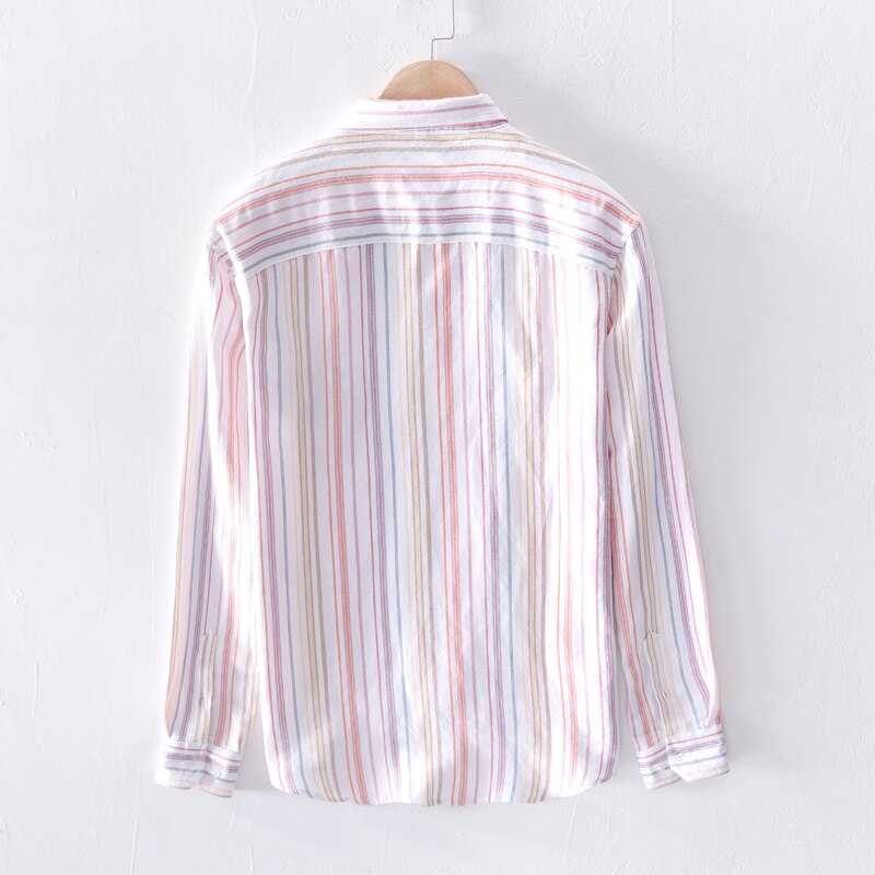 Men's Long Sleeve Rainbow Stripe Shirts Linen Summer Casual Shirts Man White Turn Down Collar Shirt Male Y2343