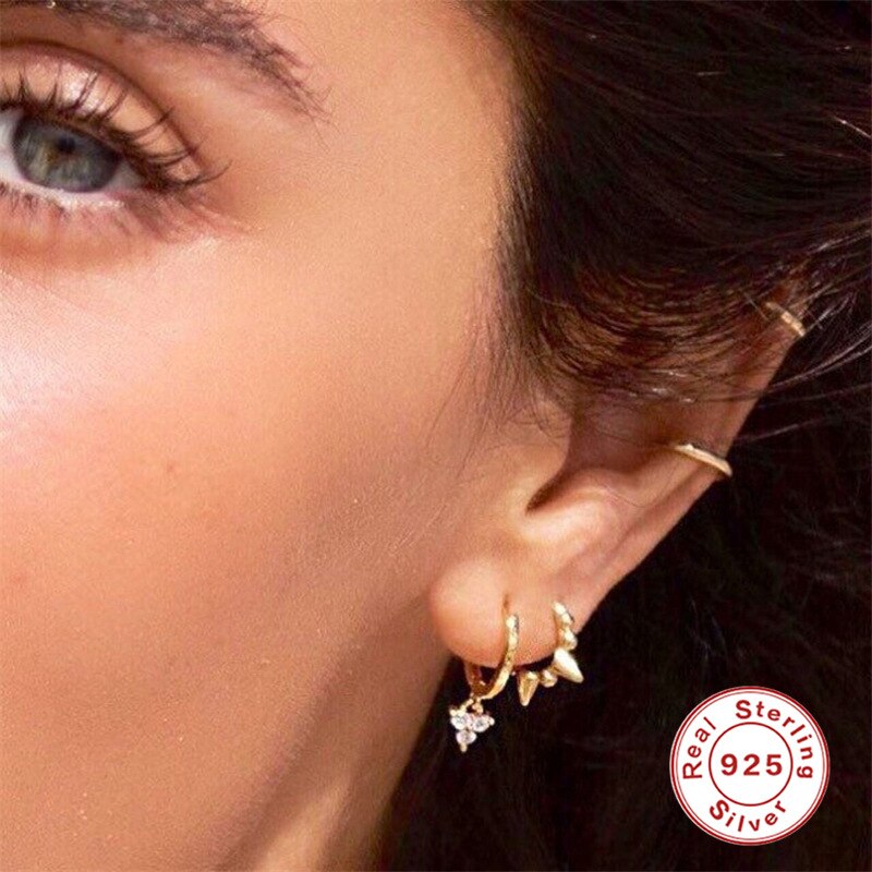 Sinta Mode S925 Sterling Verzilverd Gouden Drie Diamanten Oorbellen Zoete Meisje Oorbellen Vrouw