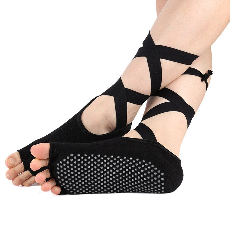 Calzini Yoga Cotone - Mezzo Dito Antiscivolo - Donna Pilates Barre Workout: Nero