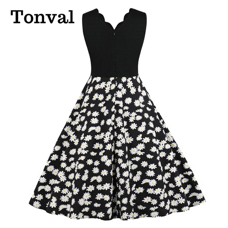 Tonval Scalloped V Neck Floral Print 50S Robe Casual Swing Dress Women Summer Plus Size Vintage Pinup Dresses
