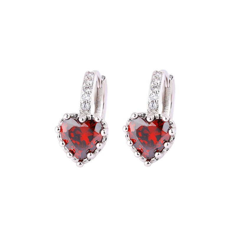 JUWANG Luxury Geometric Heart Crystal Clip Earrings for Lady Bling Inlaid Cubic Zircon Dangle Rhinestione Jewelry Pendant: red