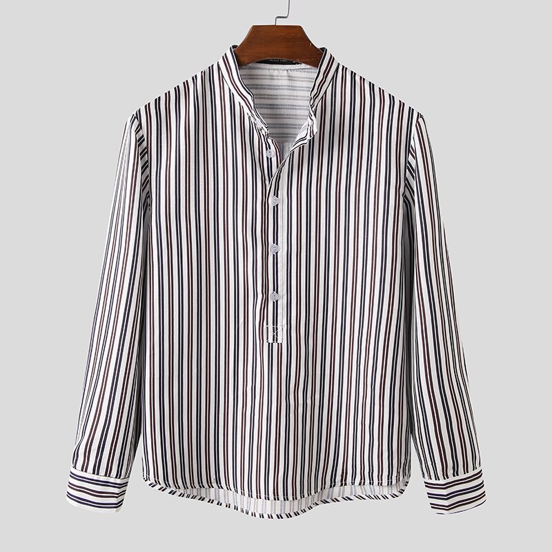 Mænds stribet skjorte åndbar langærmet stativ krave streetwear toppe chic efterår afslappet business camisas incerun: Xxxl