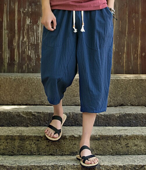 Été hommes décontracté coton lin pantalon large jambe poche lâche rétro cordon élastique taille mollet longueur pantalon pour hommes: Bleu / XXXL