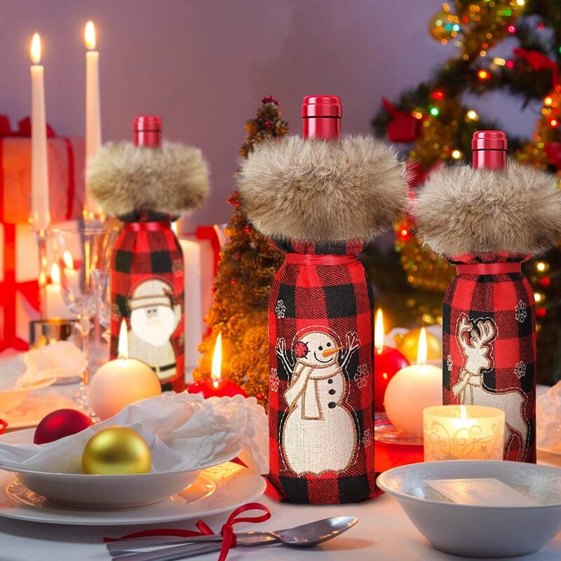 6 Stuks Kerst Buffalo Plaid Wijnfles Cover Decoratieve Wijnfles Trui Met Faux Bontkraag Holder Tassen