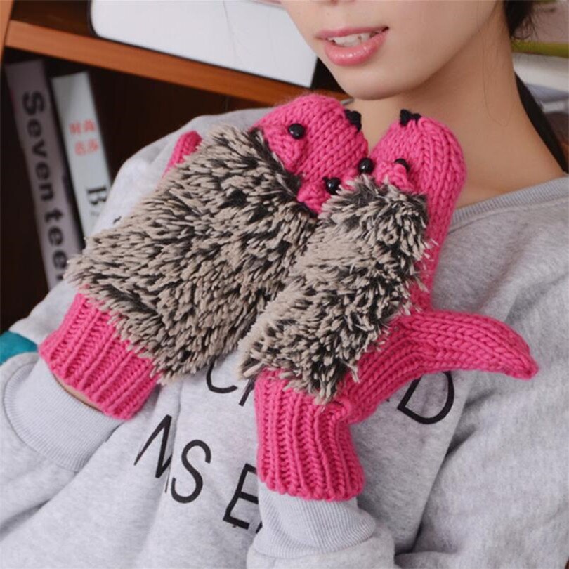Winter Gloves for Women Girls Novelty Cartoon Knit Thick Mittens Warm Fitness Gloves Hedgehog Ski Heated Wrist Mittens