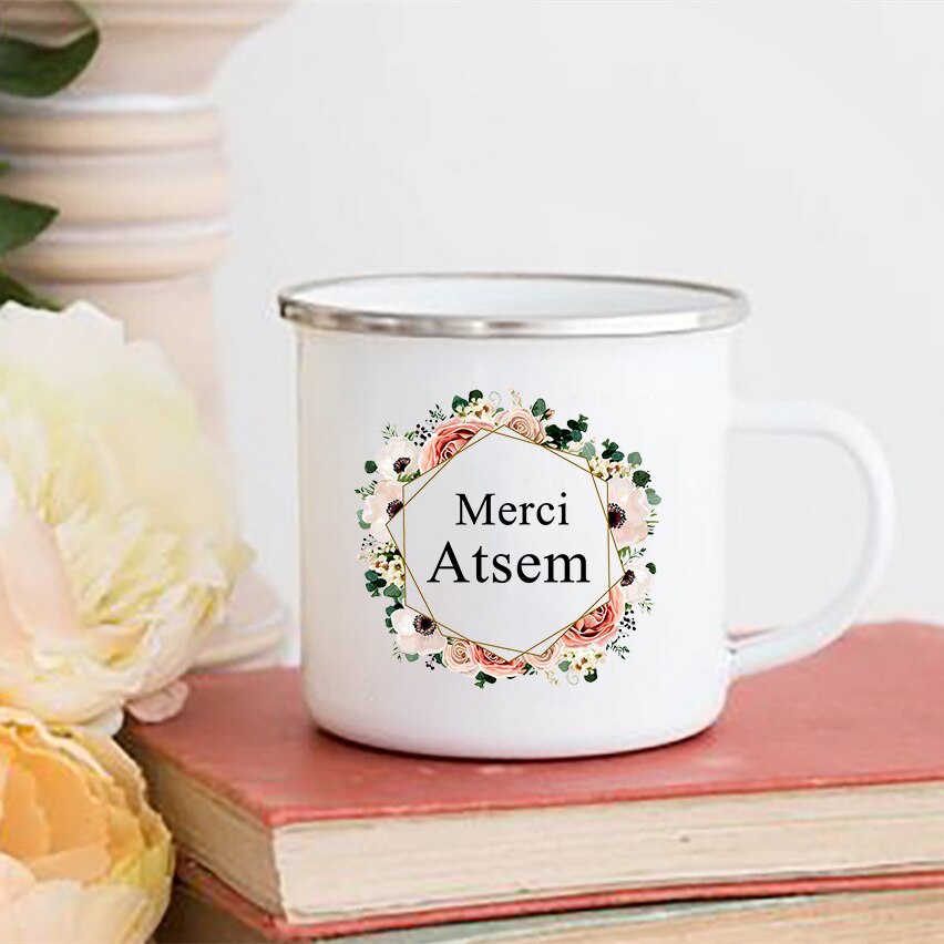 Merci atsem blomma tryck muggar kaffe te koppar drycker vatten mjölk kopp emalj mugg skolhandtag drinkware atsem: Xh10044-a015wh-8