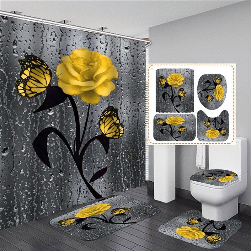 Rideau de Douche 3D Imperméable à Imprimé Rose en Polyester, Accessoires Disponibles en 5 Couleurs, Ensemble de Moquette de Décoration et Tapis de Bain Antidérapant pour toilette et Maison: 4PCS SET-E