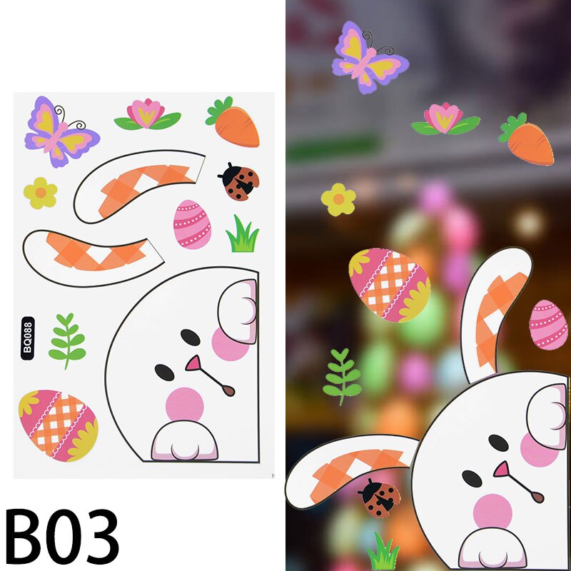 Pegatina de ventana de conejo de Pascua para decoración del hogar, Adhesivo de pared de huevo colorido, bonito pollo, conejo, suministros de de Primavera y Pascua: B03