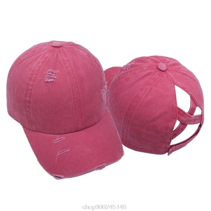Femmes lavé casquette de Baseball crème solaire en détresse déchiré Criss croix haute queue de cheval réglable chapeau de relance N12 20 directe: Rouge
