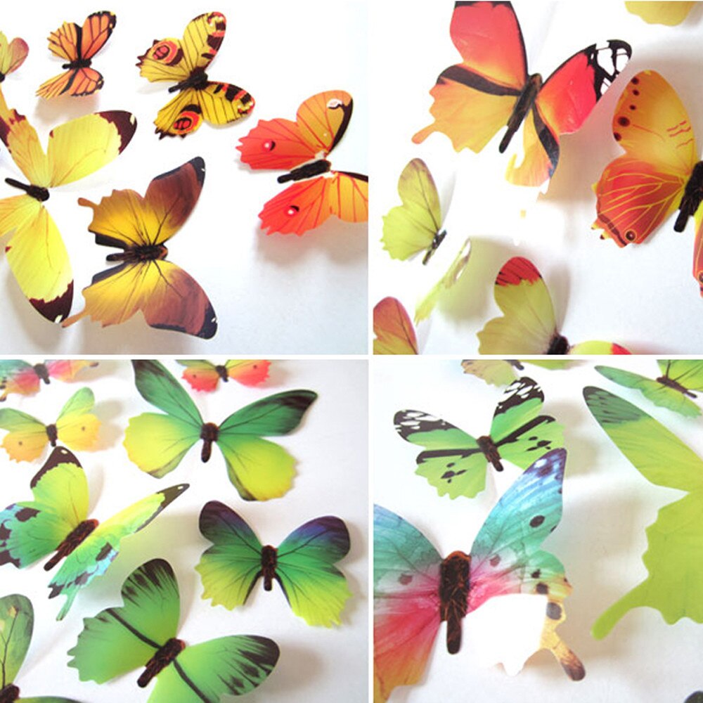 12Pcs 3D Vlinder Regenboog Stickers Decal Muurstickers Voor Home Decoratie 3d Stickers Muraux Tete De Lit Woonkamer stickers