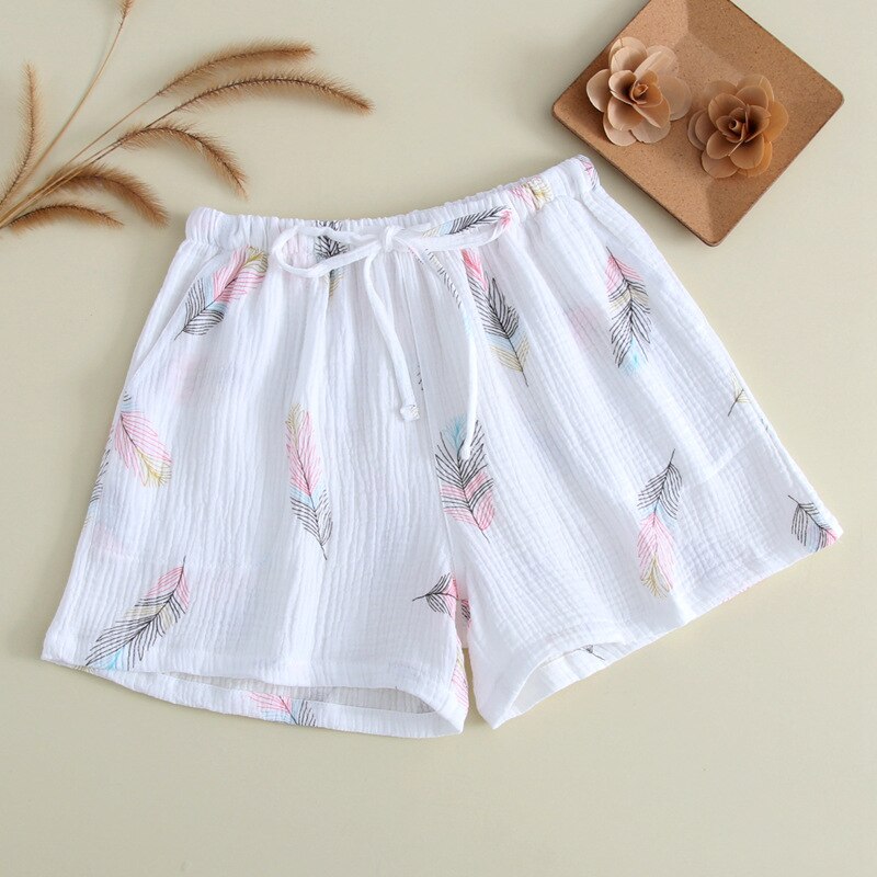 Sommar kvinnor sovshorts bomullsgaze pyjamas sovbyxor fritidsstrandbyxor hemtryck löst slitage: Vit / Xl