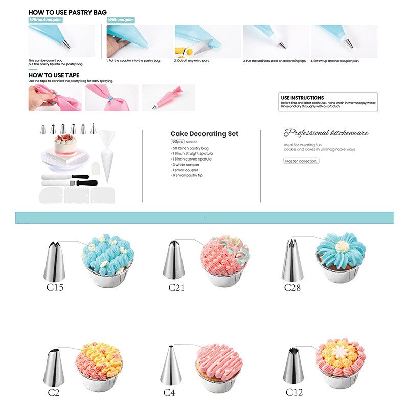 Taartdecoratie vaardigheden set 63 stuks gebak gereedschap tas snoep accessoires spuitmond roestvrij staal room taart bakken keukengereedschap