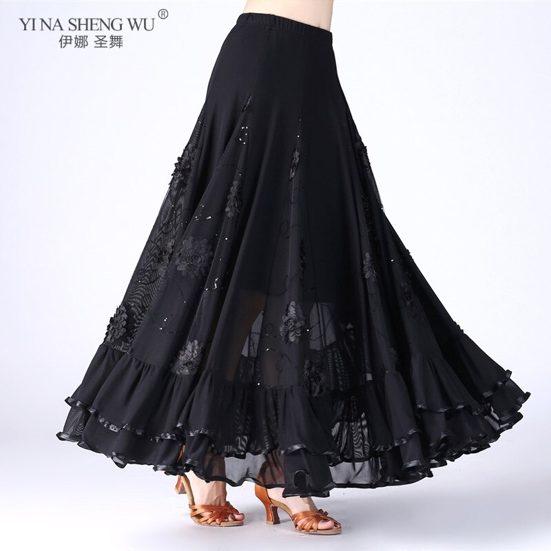 Falda larga de práctica de danza del vientre para mujer, falda grande de 9 colores, falda de baile, falda gitana, vestido de baile para mujer, falda española larga: Black