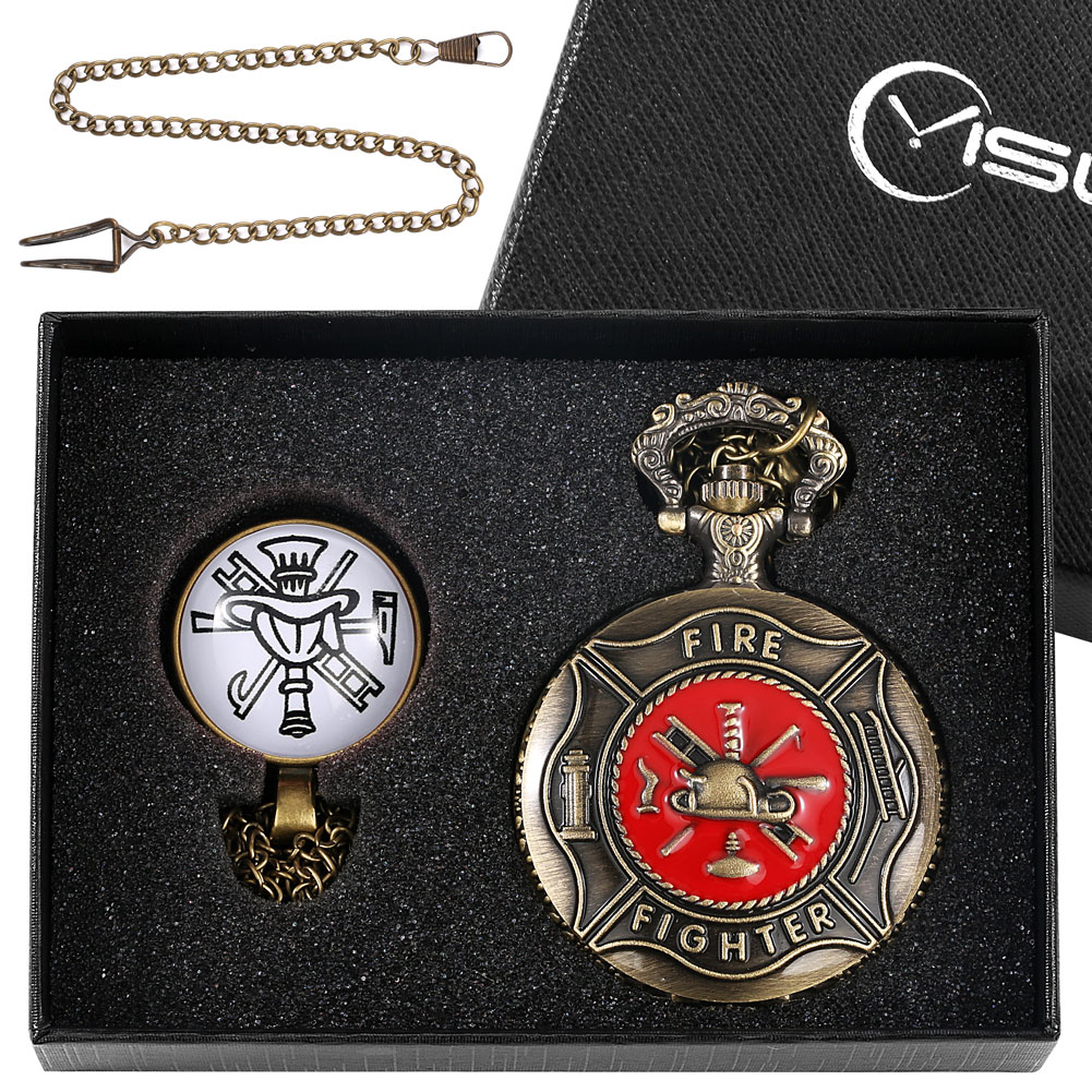 Red Fire Fighter Quartz Pocket Watch Box Set Punk Firefighter Necklace Pendant Memory Firemans Arabic Number Fob Watch Relgio: Watch Gift Set 5