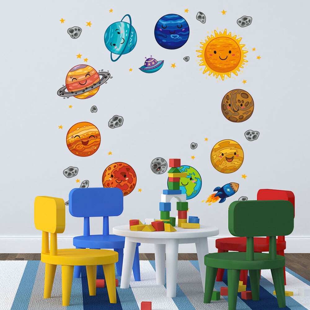 Universo de dibujos muro de planetas de habitaciones de niños, salas de estudio dormitorio papel tapiz de decoración Mural arte pegatinas para guardería
