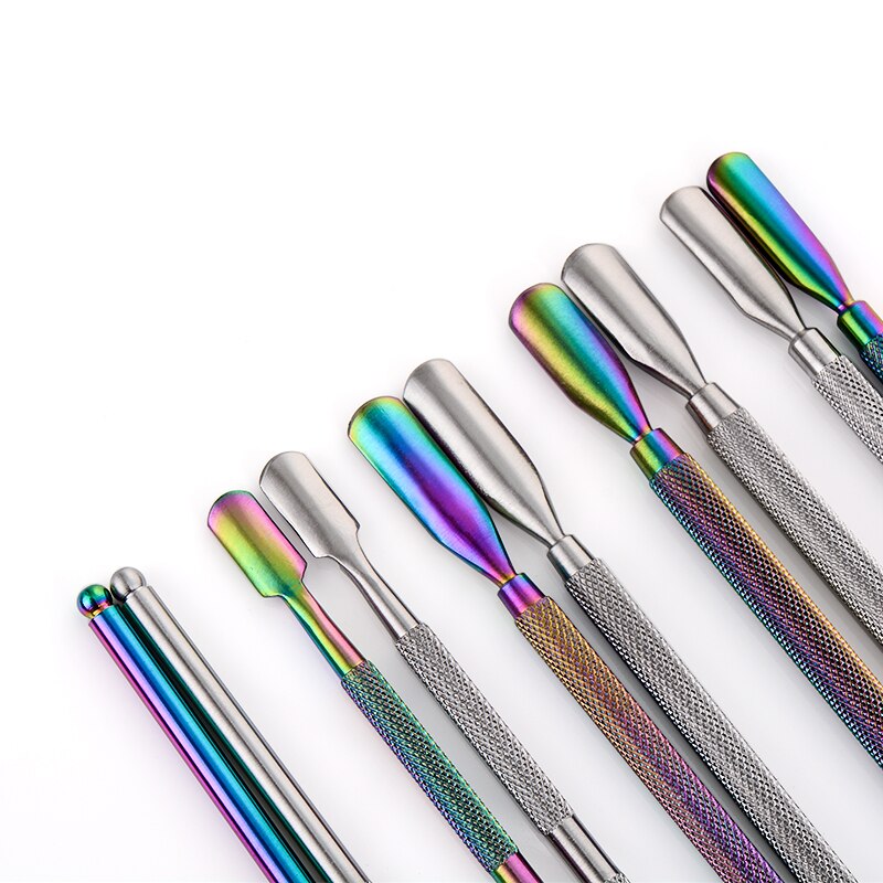 Doble cara camaleón Arco Iris cutícula empujador tijeras pinza Picker acero manicura herramienta de Arte de uñas
