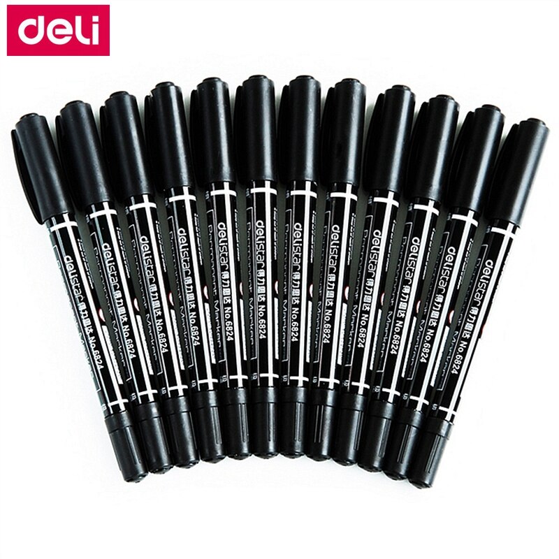 12PCS/BOX Deli 6824 Double Sided Permanent Markers Dual Tip Pen 0.5mm/1mm Black Blue Red Water Proof Fast Dry Permanent pen