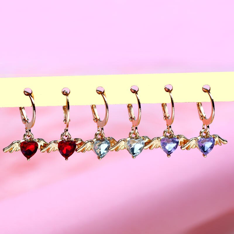 Flatfoosie Mode Bling Hart Crystal Oorbellen Voor Vrouwen Goud Kleur Alloy Wing Earring Sieraden Party