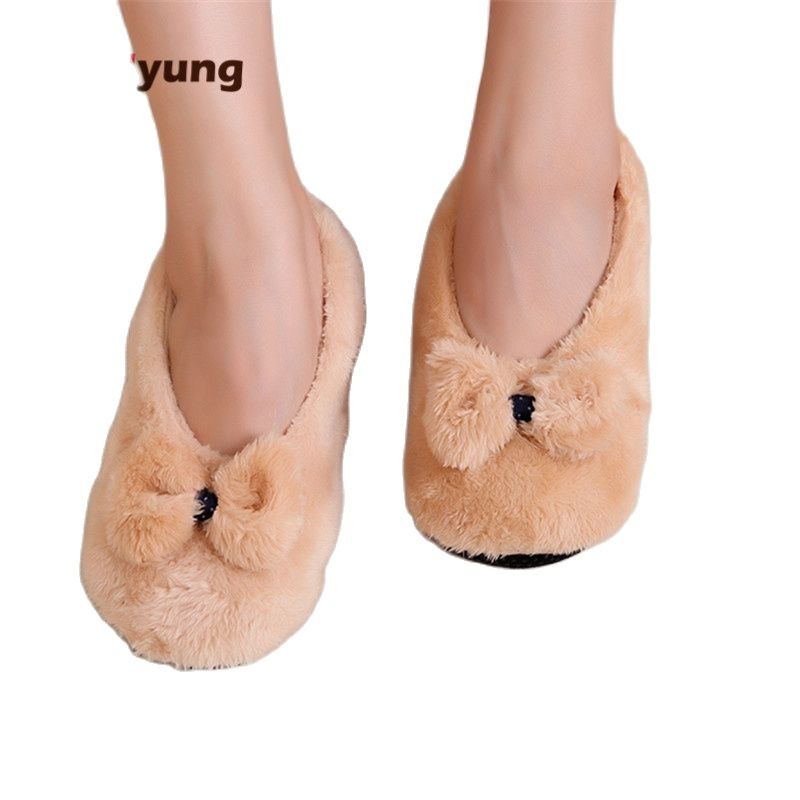 Suihyung Vrouwen Slippers Winter Warm Pluche Indoor Vloer Sokken Zachte Katoenen Schoenen Leuke Boog Dames Bont Slides Home Pluizige Slip op