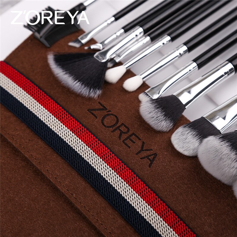 Zoreya merk 12 stuks zwarte make-up kwastenset foundation poeder blending oogschaduw bend eyeliner basis cosmetische kwasten
