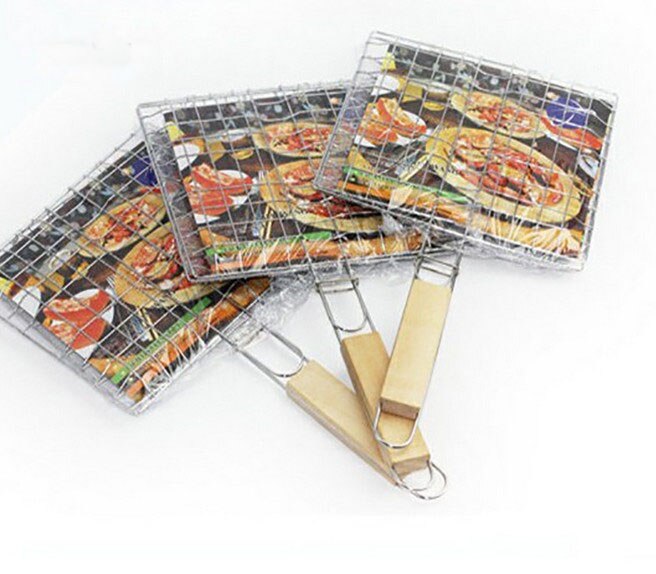 1 pieza de malla de acero inoxidable para barbacoa, 2 asador de pescado de hierro, cesta para asar, carpeta para asar, herramienta con mango de madera, herramientas para parrilla al aire libre OK 0394