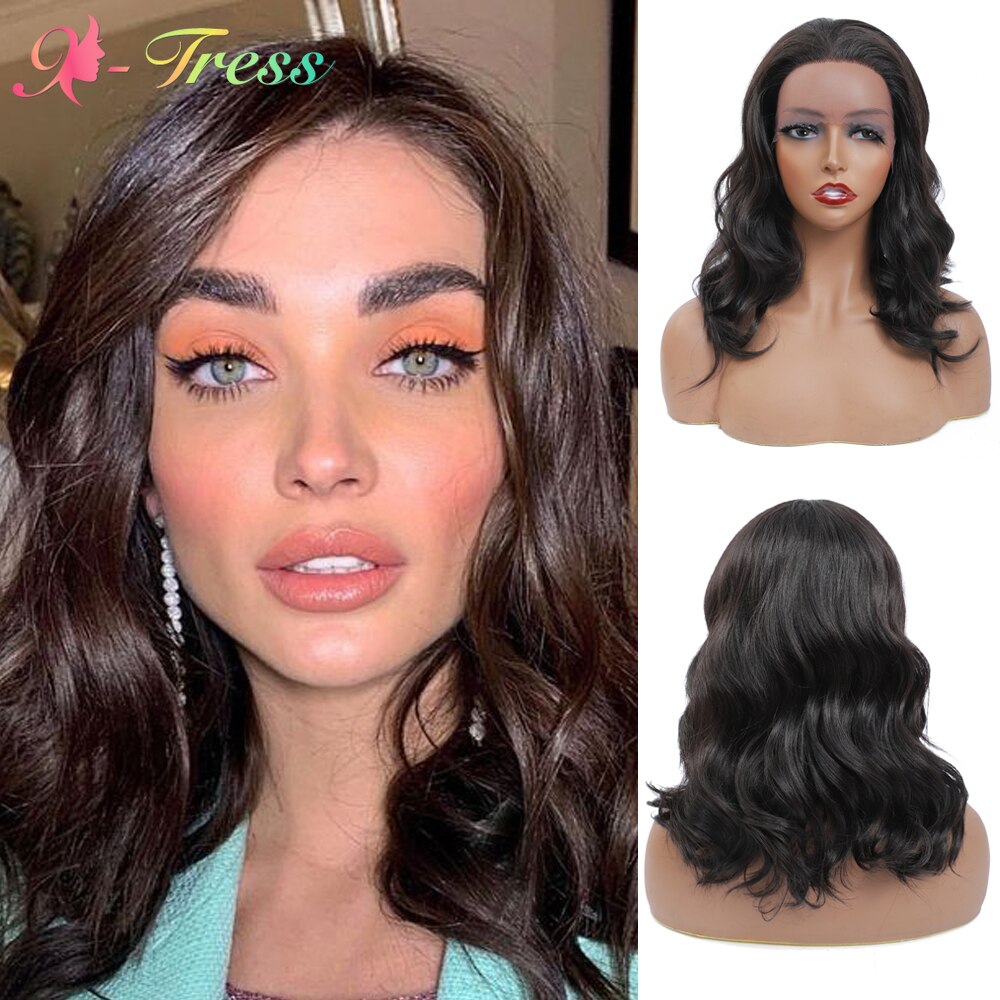 X-TRESS Dark Brown Lace Front Wig Medium Length Synthetic Wavy Wigs for Black Women Free Part Lace Wigs with Natural Hairline