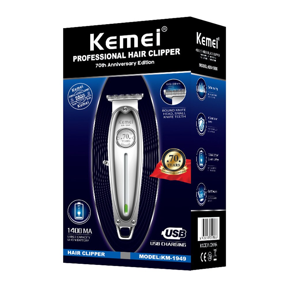 Kemei KM-1949 USB Hair Clipper All Metal Men Electric Cordless Hair Trimmer 0mm T Blade Finish Haircut Machine: With packaging