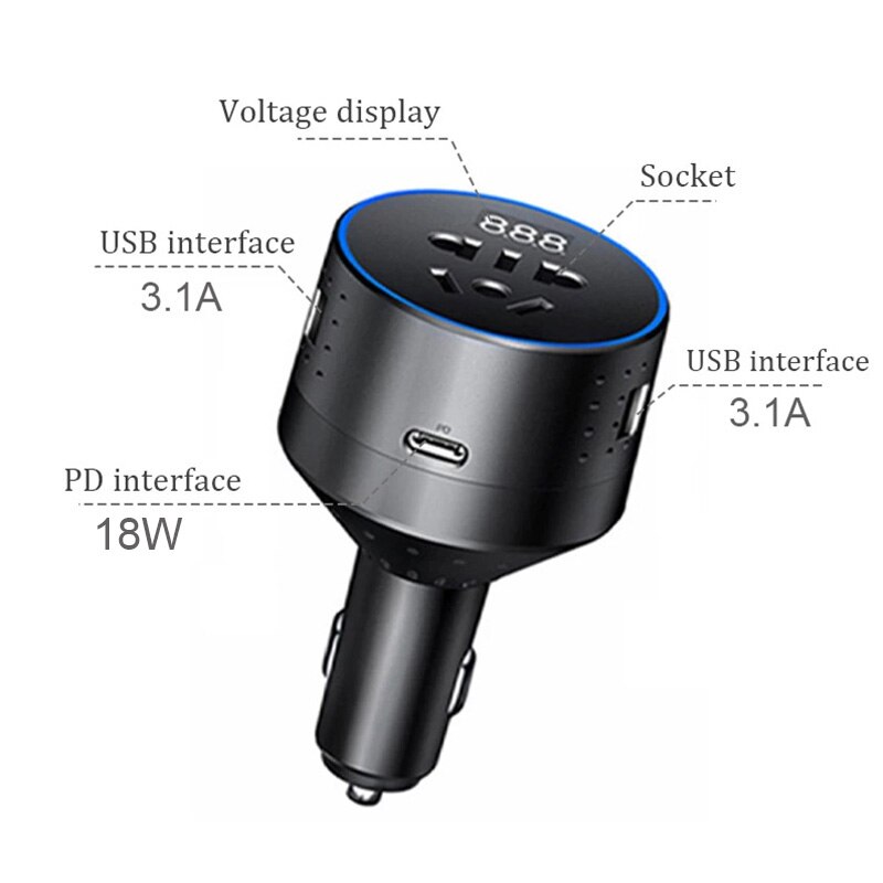 Urvns 12V Naar 220V Auto Omvormer Type-C Pd QC3.0 Snel Opladen Auto-oplader Sigarettenaansteker Usb lader Met Spanning Display