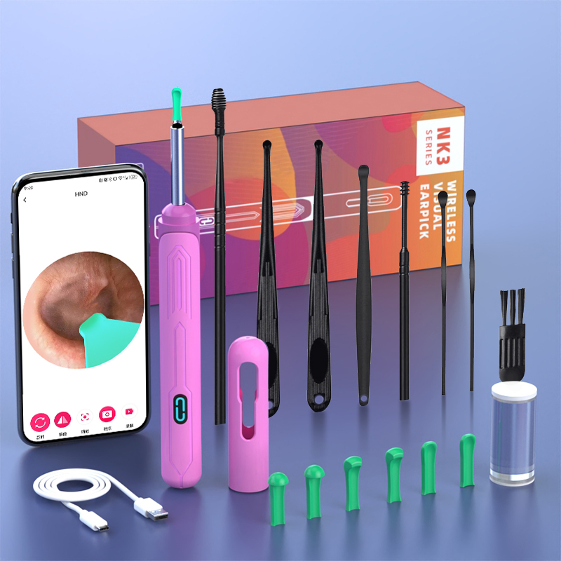 Limpiador de oídos con cámara, palos para los oídos HD, otoscopio, carga USB C, endoscopio, herramienta de eliminación de cera, palillo para los oídos, juego de limpieza de oídos NK3 Pro: Morado