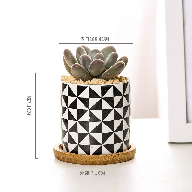 Nordic Geometric Pattern Ceramic Succulent Pot Straight Simple Black and White Home Decoration Succulent Small Potted Plant: H