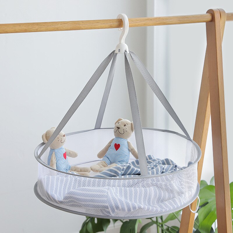 Grey Double-Layer Clothes Drying Net Collapsible Windproof Clothes Basket Polyester Breathable Dry Socks Drying Rack Laundry