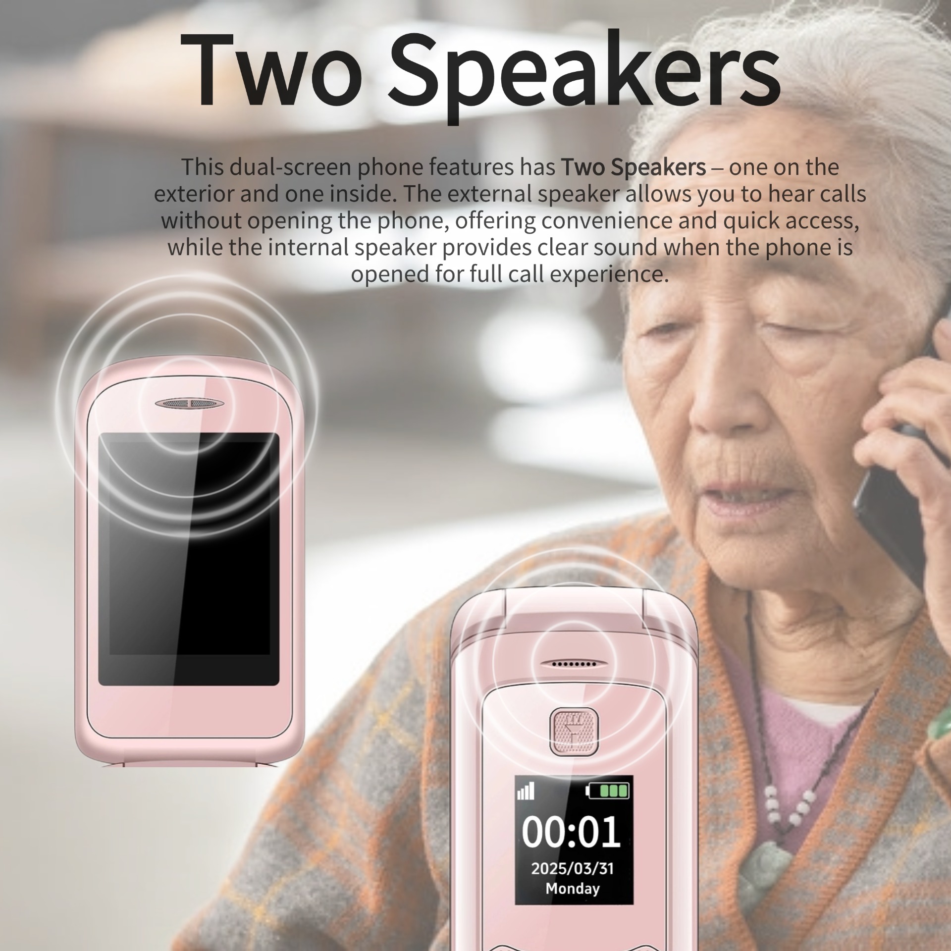 Rosa Mini-Flip-Telefon für Frauen, Dual-Screen, große Taste, SOS-Zifferblatt, Taschenlampe, Licht, Budget, Clamshell, mobiler Retro-Stil, langer Standby-Zeit