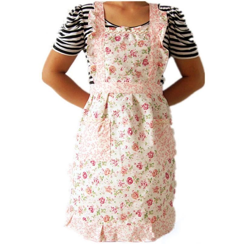 Women Lady Apron Dress Restaurant Home Kitchen Cooking Bib Flower Style Pocket Lace Apron Dress Support #B20
